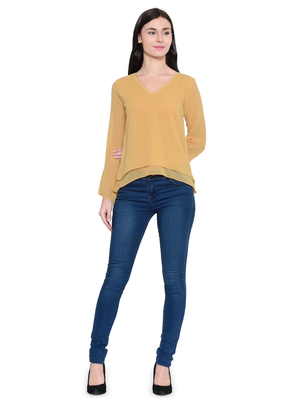 Camel Yellow Bell sleeves Vneck top
